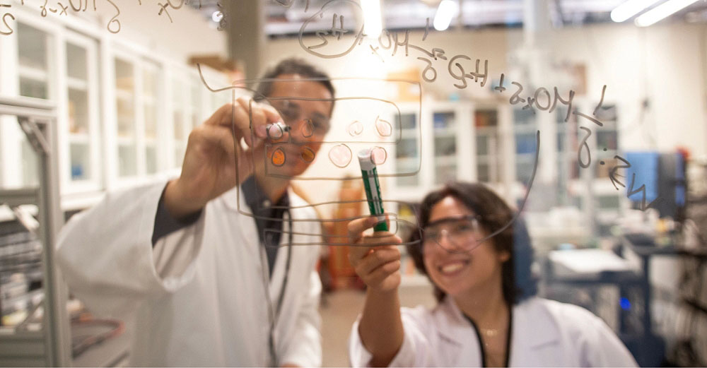 A student and professor write on a whiteboard while smiling
